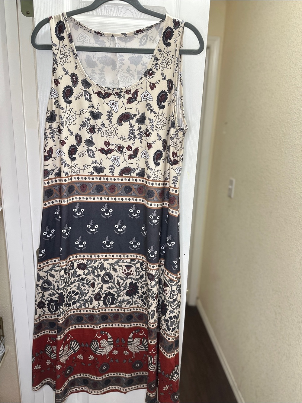 Sleeveless Printed Maxi Dress in Cream, Navy & Rust
